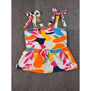 THML Womens Multicolor Abstract Peplum Top Tie Strap Pom Trim Zip Back S NWT